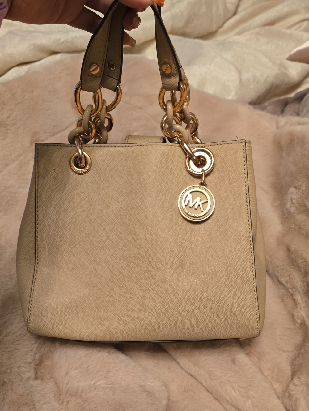 Michael Kors Beige Saffiano Satchel with Gold Hardware